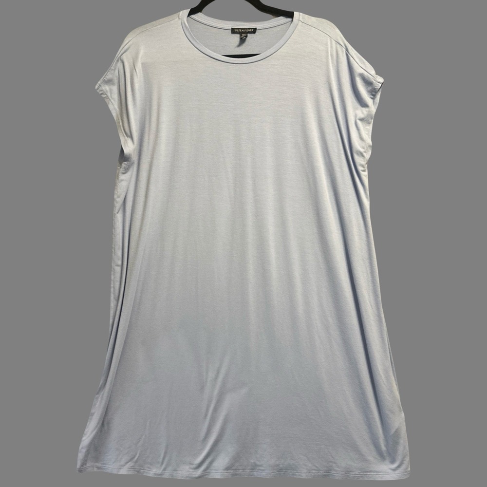 Eileen Fisher T-Shirt‎ Dress Stretch Knit Tencel Womens Size L Blue Minimalist
